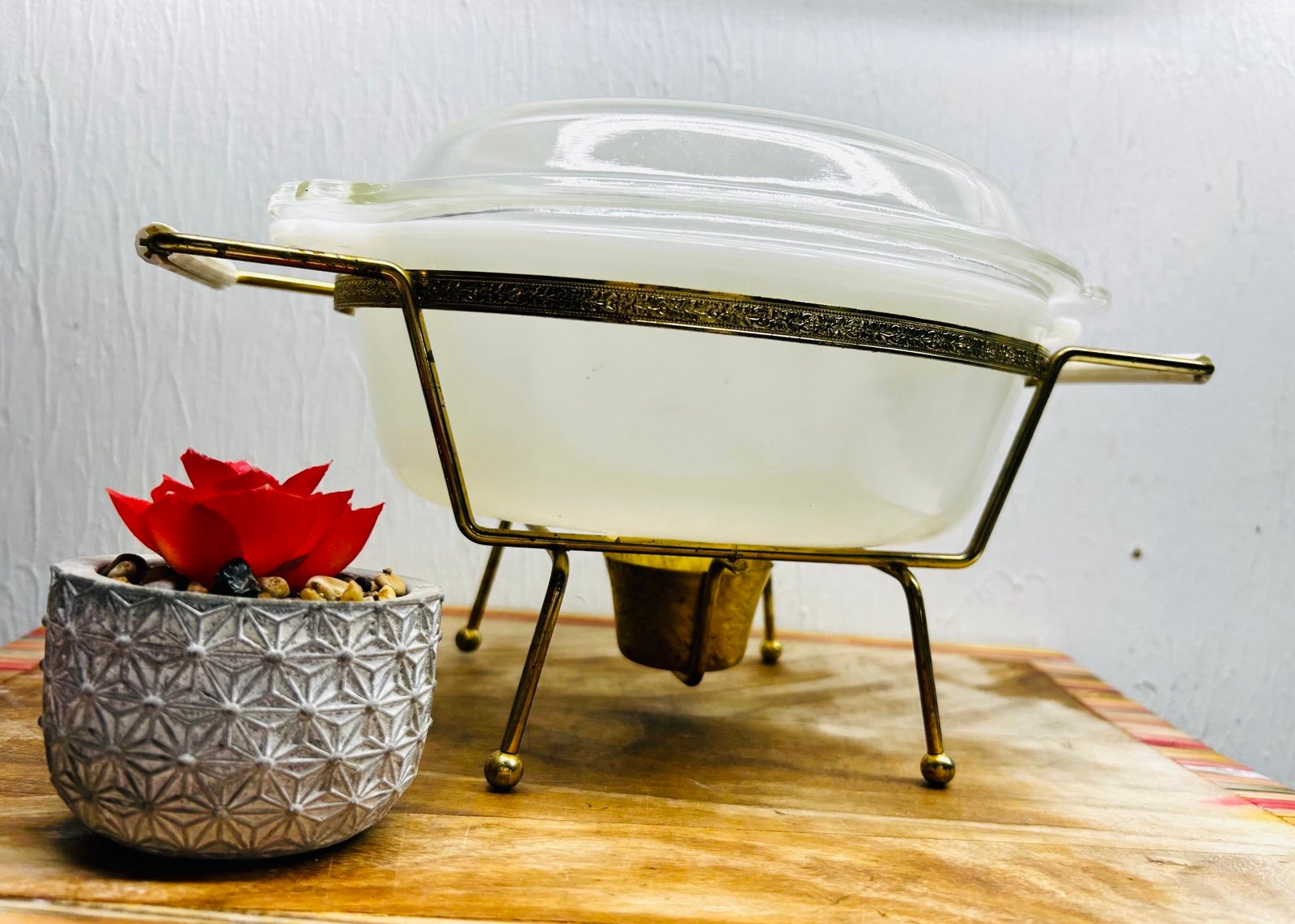 Vintage Mid Century Modern Fire King Casserole Chafing Dish Holder Candle Well