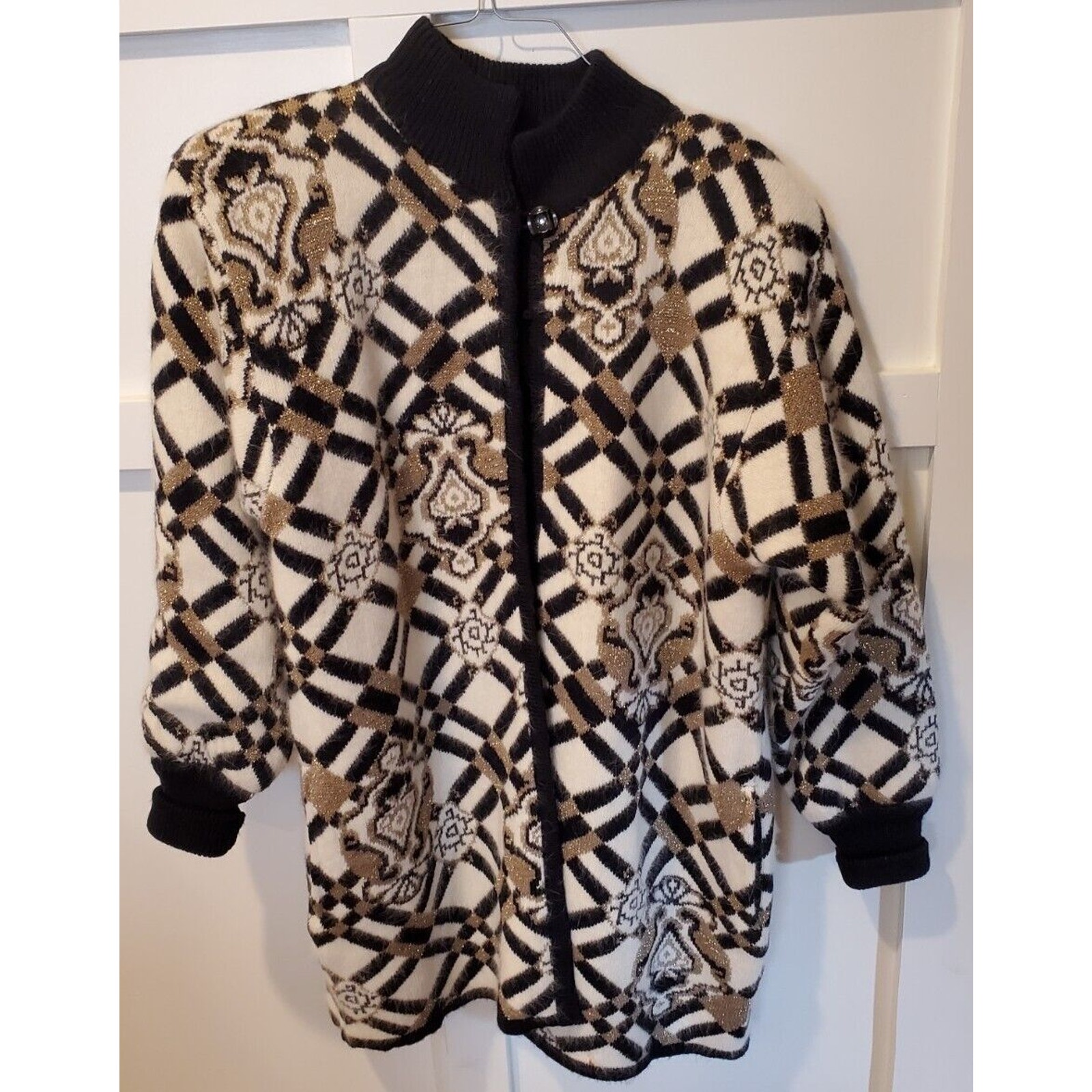 Women's Angora Blend Below Waist Black Gold Cream Sweater Open Front Size XL