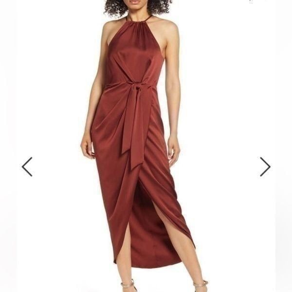 Shona Joy Tie Front Satin Midi Dress in Sangria| Size 12