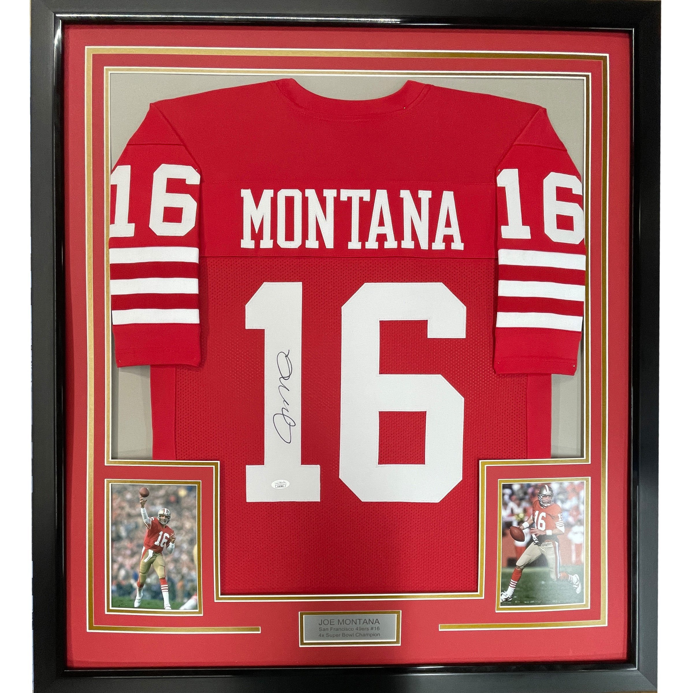 Framed Autographed/Signed Joe Montana 33x42 San Francisco Red Jersey JSA COA