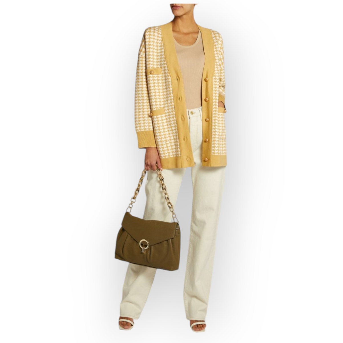 Joie Yellow Checkered Gingham Long Sweater Cardigan L Crested Buttons Elegant