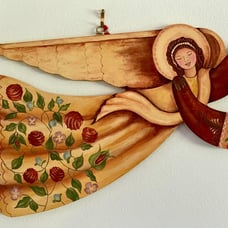 VTG OOAK Hand Painted Folk Art Wood Angel Wall Plaque Hanging Signed