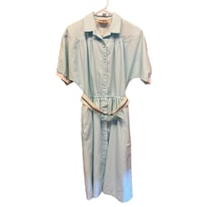 Vintage 80s Belted Shirt Dress Woman's 10 Petite- Shoulder Pads - Blue & White