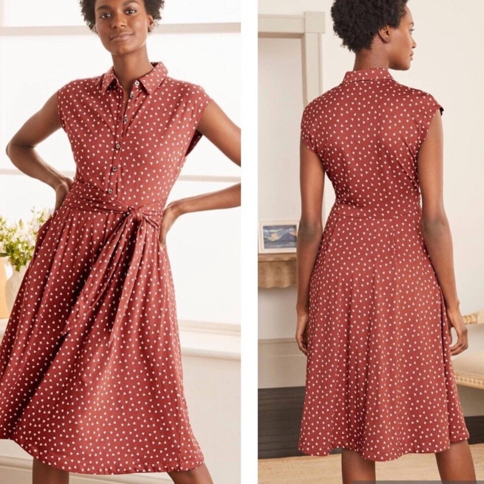 Biden Tie Waist Jersey Shirt Dress Brown w/ White Dot Cluster Pattern 8