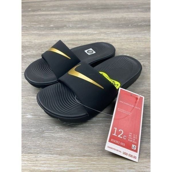 New Nike Kawa Black/Gold Slide (GS/PS) Sandals 819352-001 Size 12C