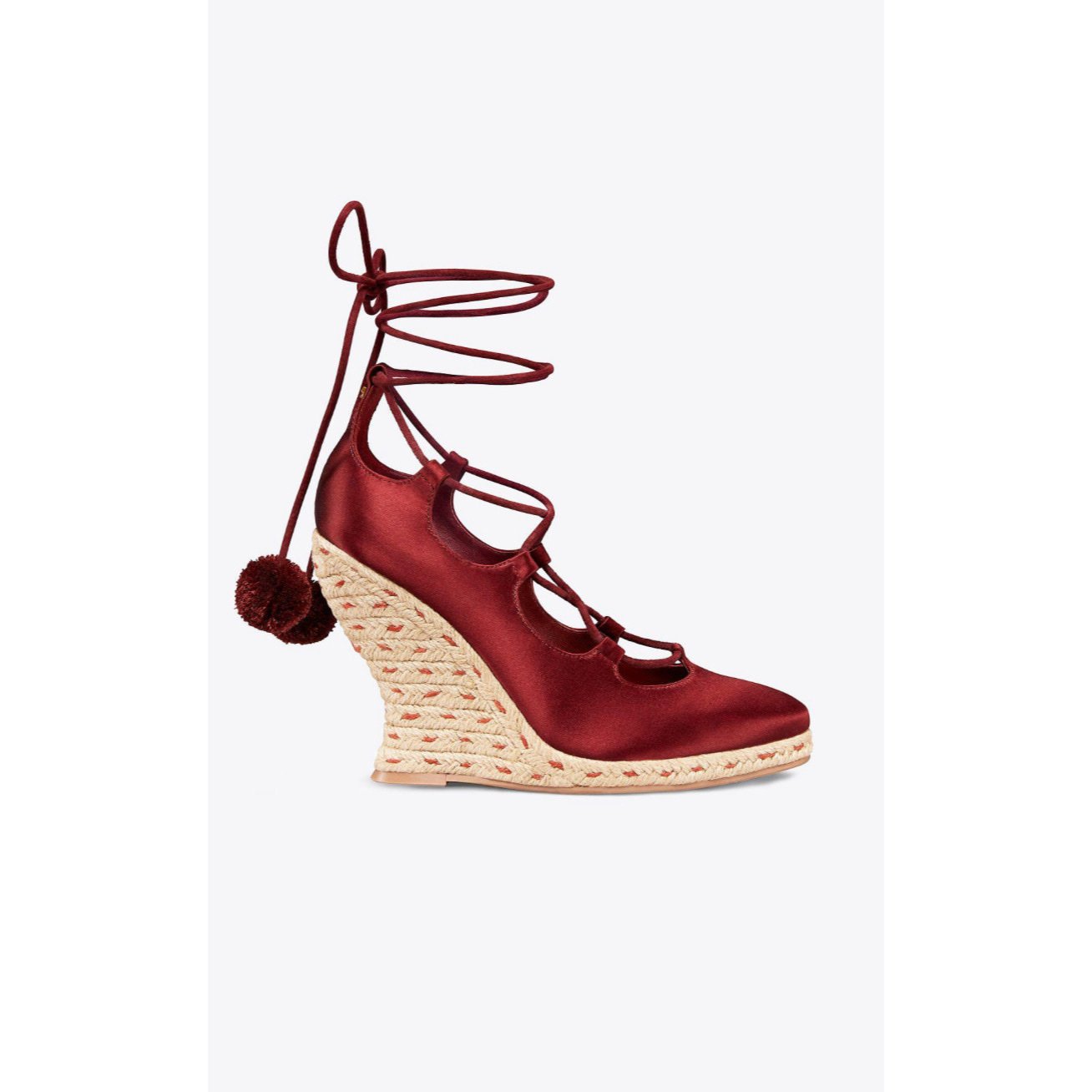 NEW Tory Burch Red Pom-Pom Lace-up Satin Wedge Espadrilles Merlot Size 7.5