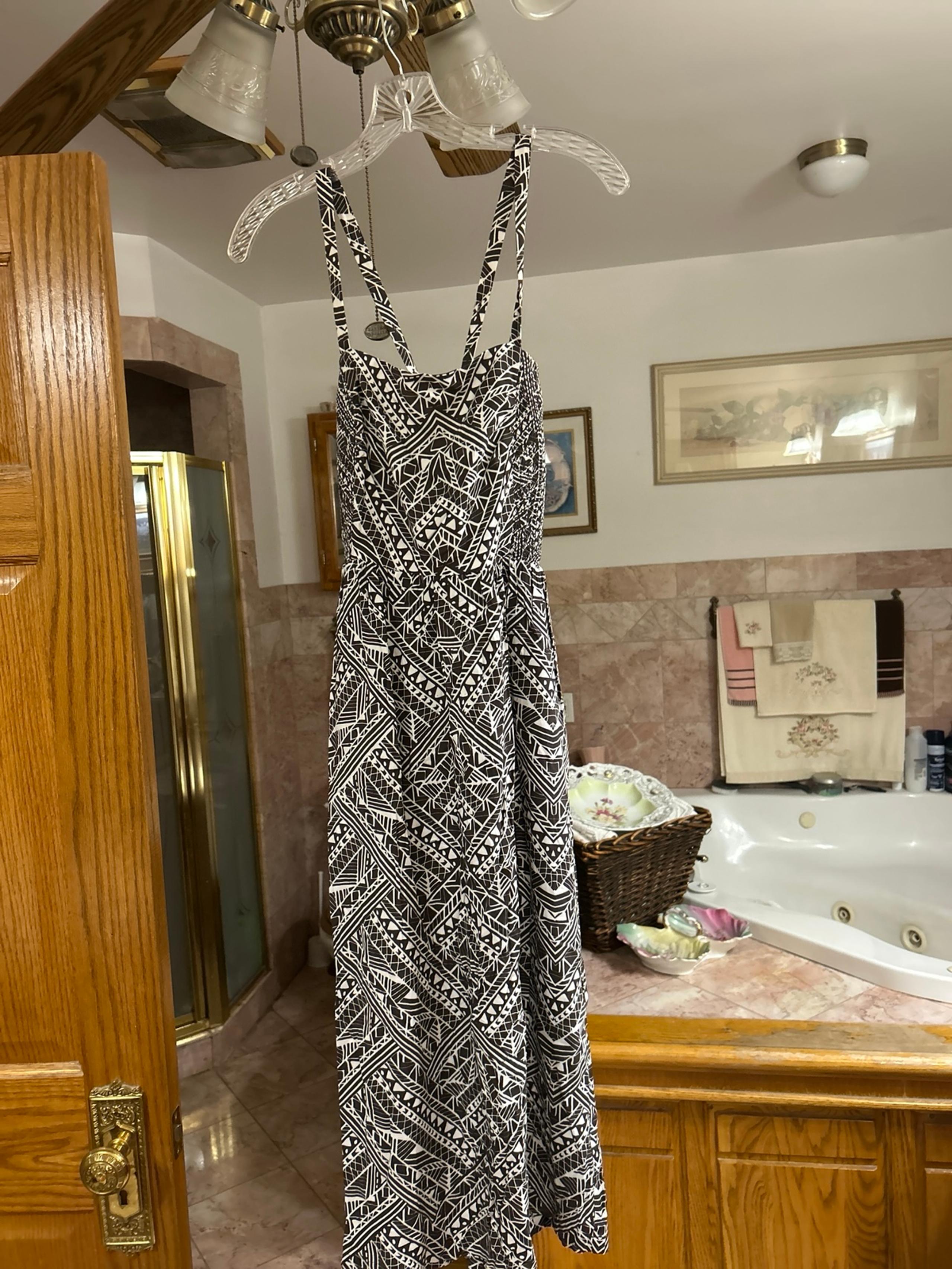 Black and white print halter dress with a crisscross