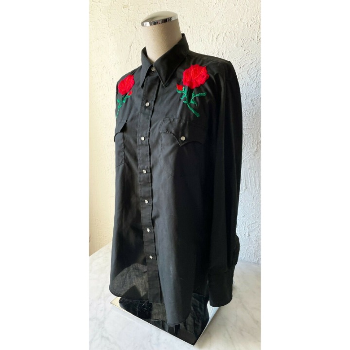 Vintage Montgomery Ward Black Red Rose Western Snap Front Shirt - Mens 15-1/2-33