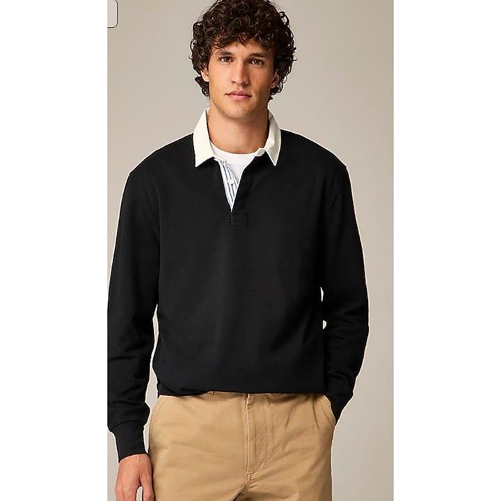 J.Crew Mens 168 Rugby shirt with striped placket Black Size XL BW541