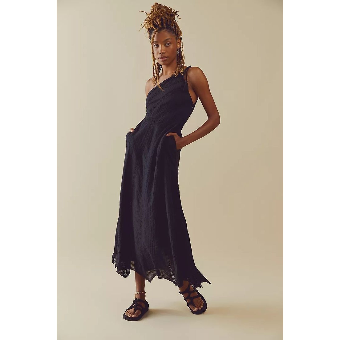 New FREE PEOPLE Bella Maxi Dress ONE-SHOULDER 168 X-SMALL Black Lace