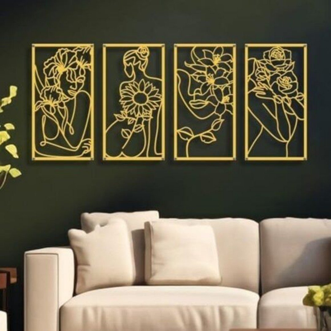 New 4 Pcs Metal Abstract Wall Art, Minimalist Woman Flower Line Drawing - Gold