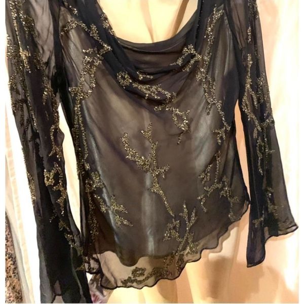 Cache L Black Gold 100% SILK Romantic Sheer Beaded Lslv Lined Women's Blouse