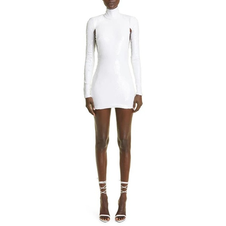 NWT LaQuan Smith Long Sleeve Sequin Minidress in White SIZE XS