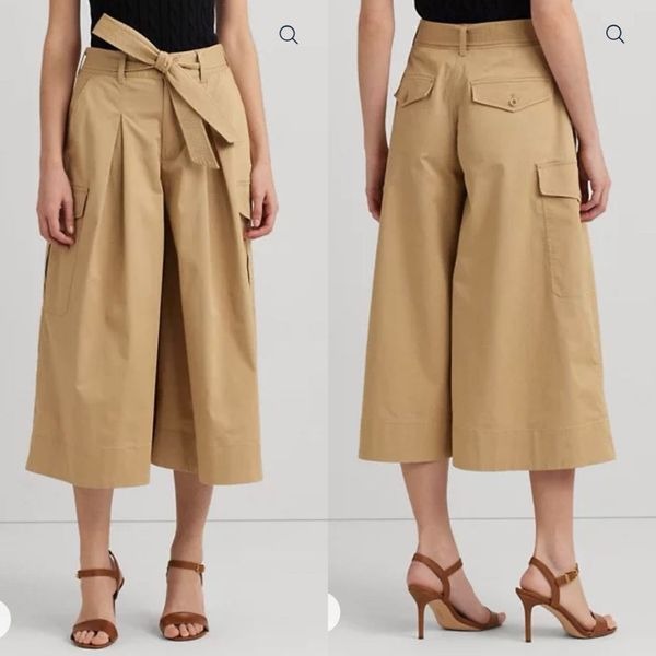 Polo Ralph Lauren Women’s Belted Twill Cropped Wide Leg Pants Size 10 Tan Preppy