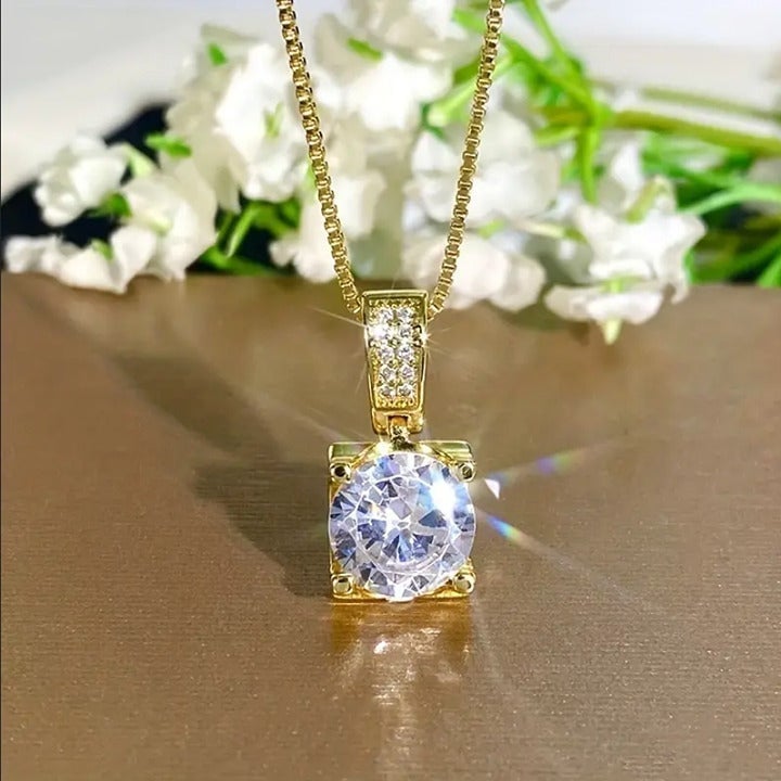 3ct Solitaire Round Stud Diamond 18K Gold Chain Womens Necklace Jewelry 3 ct NEW