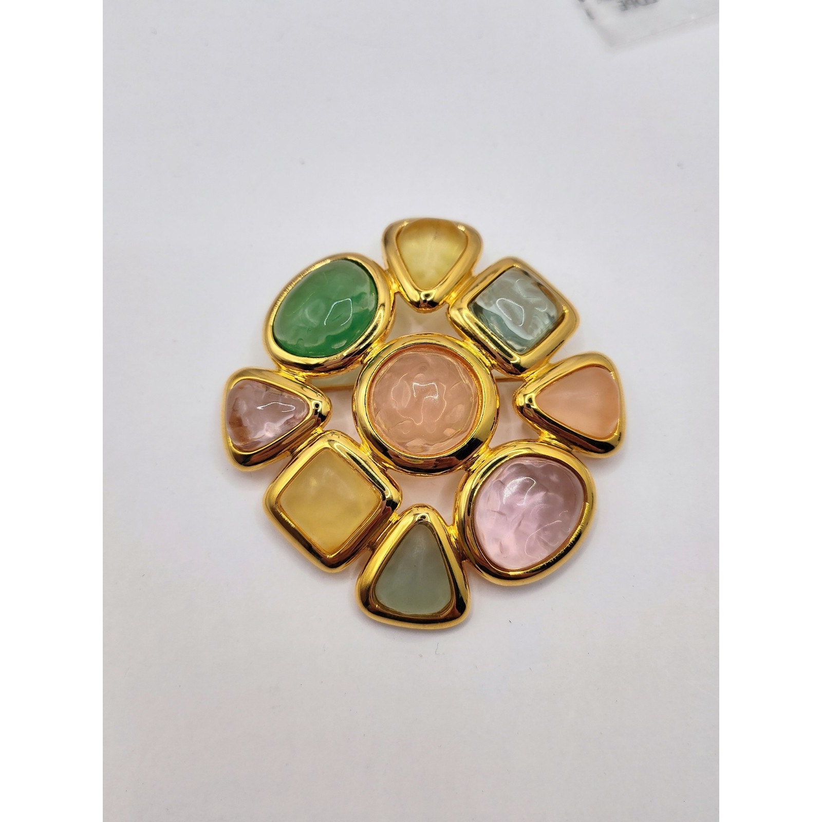 JOAN RIVERS Gripoix Style GOLD TONE Pastel Jelly Maltese Cross Brooch Jewelry