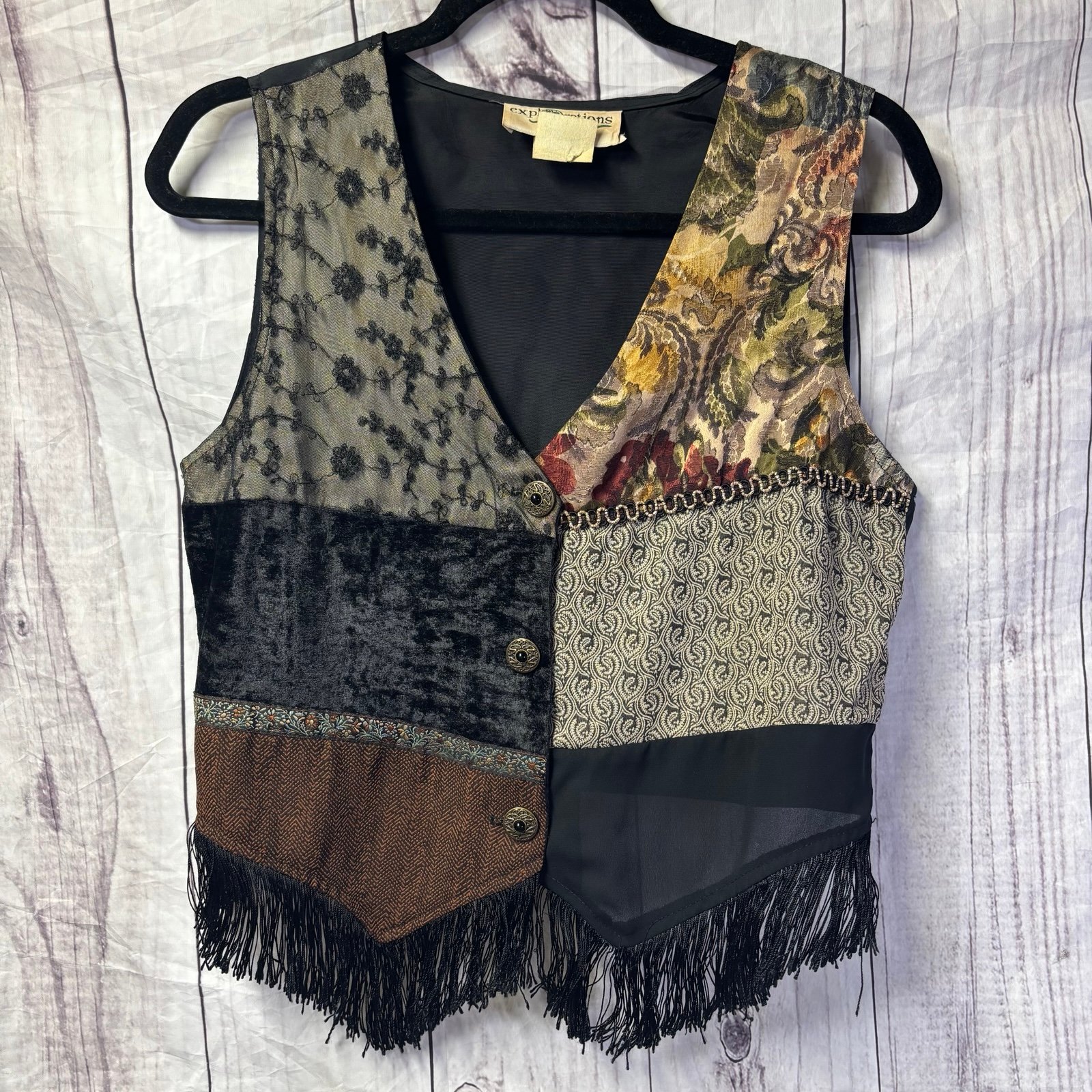 Vintage Patchwork Fringe multicolor V-neck Button up Vest Medium
