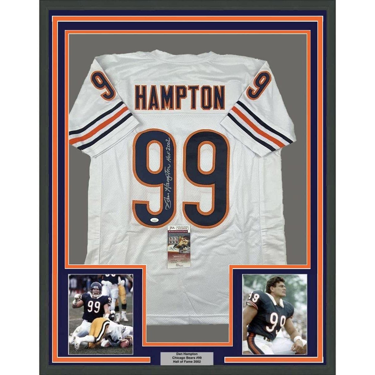 Framed Autographed/Signed Dan Hampton 35x39 HOF 2002 Chicago White Jersey JSA C