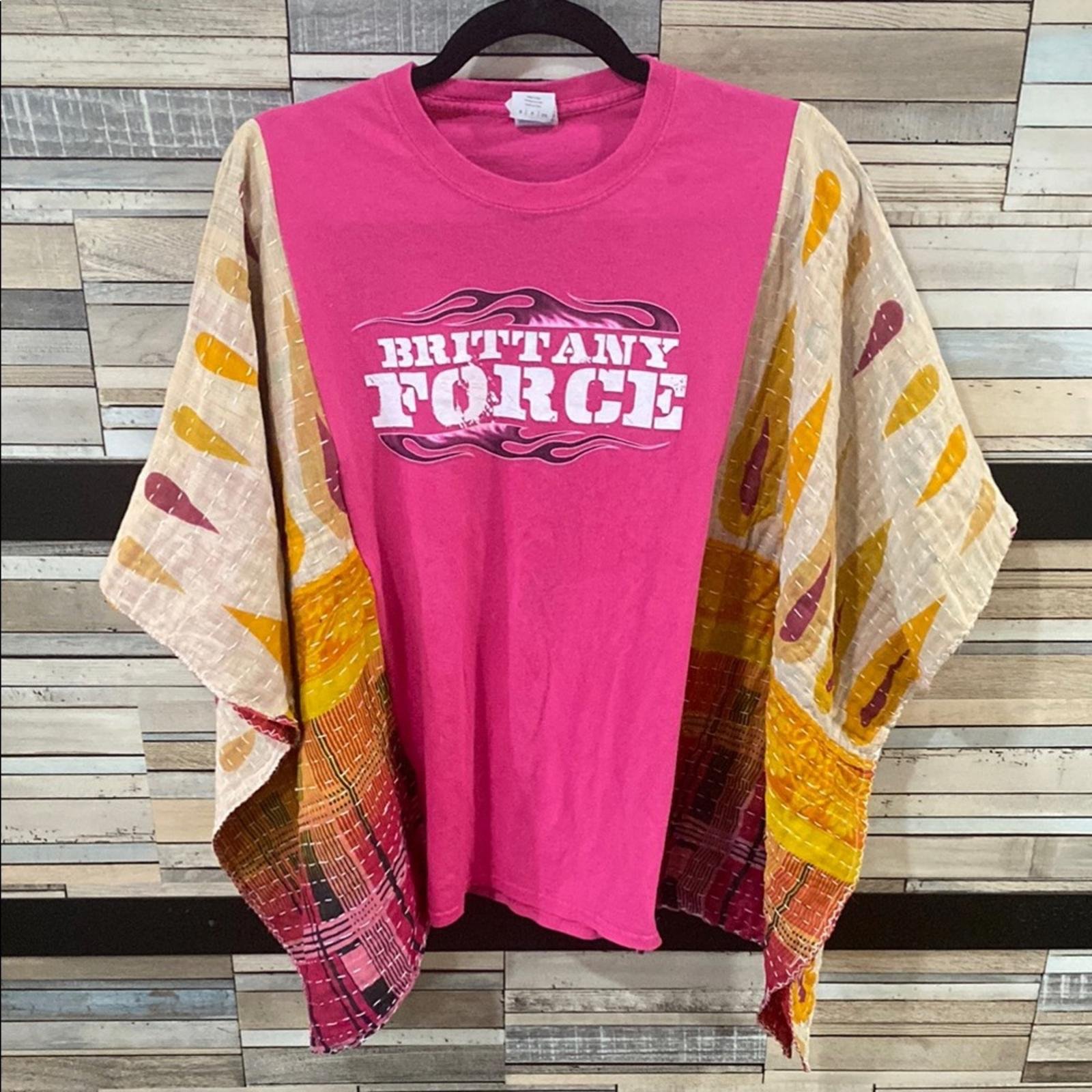 BRIT. Upcycled boho Brittny Spears Graphic w/Colorful kantha sleeves, by Susie.
