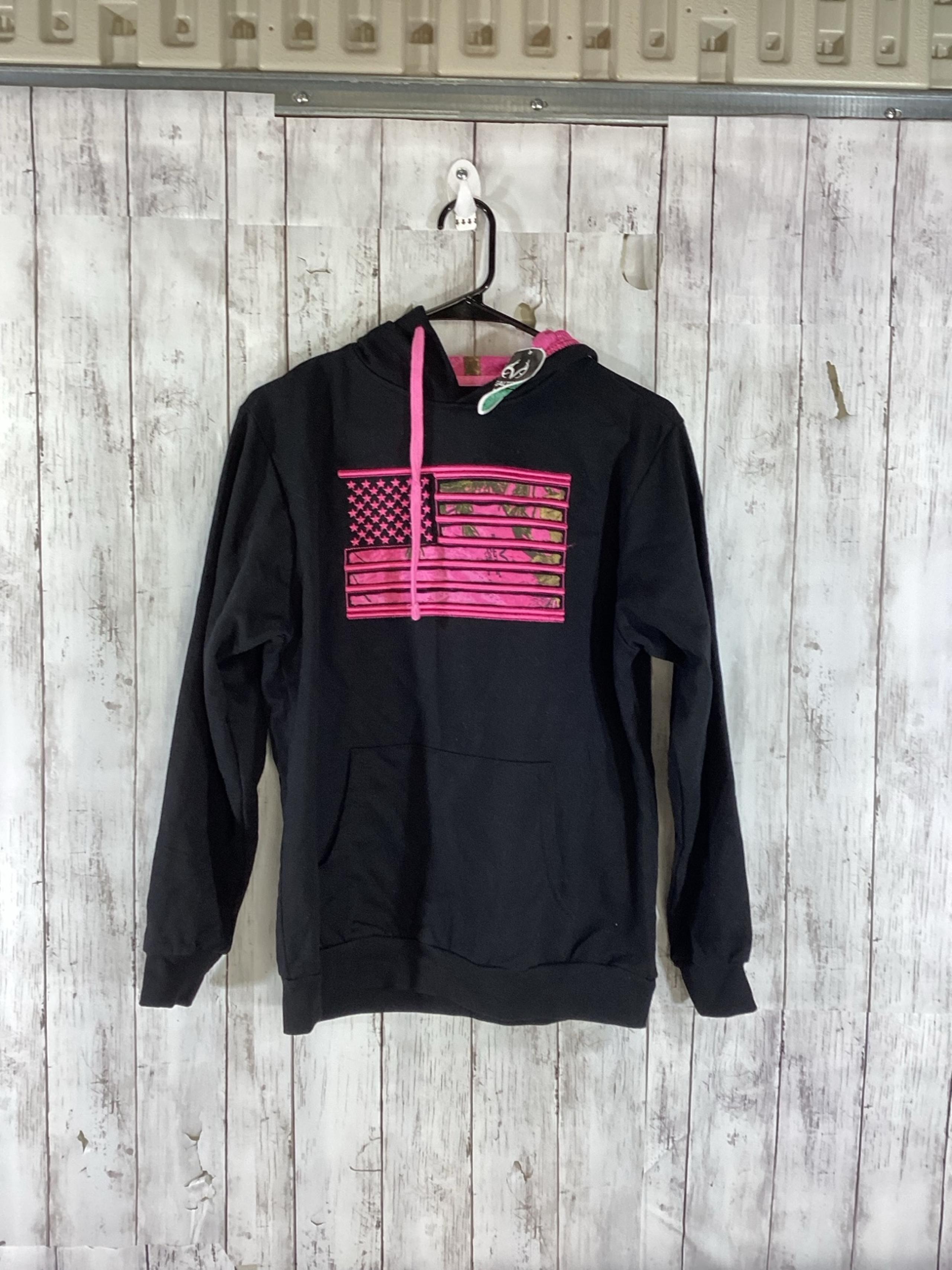 Mossy Oak Womens Hoodie Size small  Black US Flag Kangaroo Pocket Long Sleeve