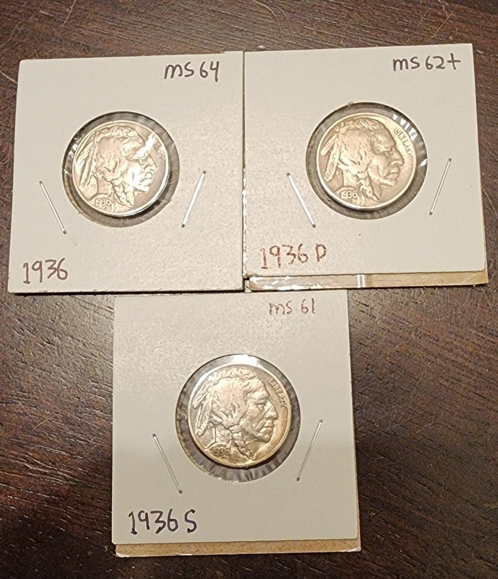 P, D, and S 1936 Buffalo nickels from each mint Unc