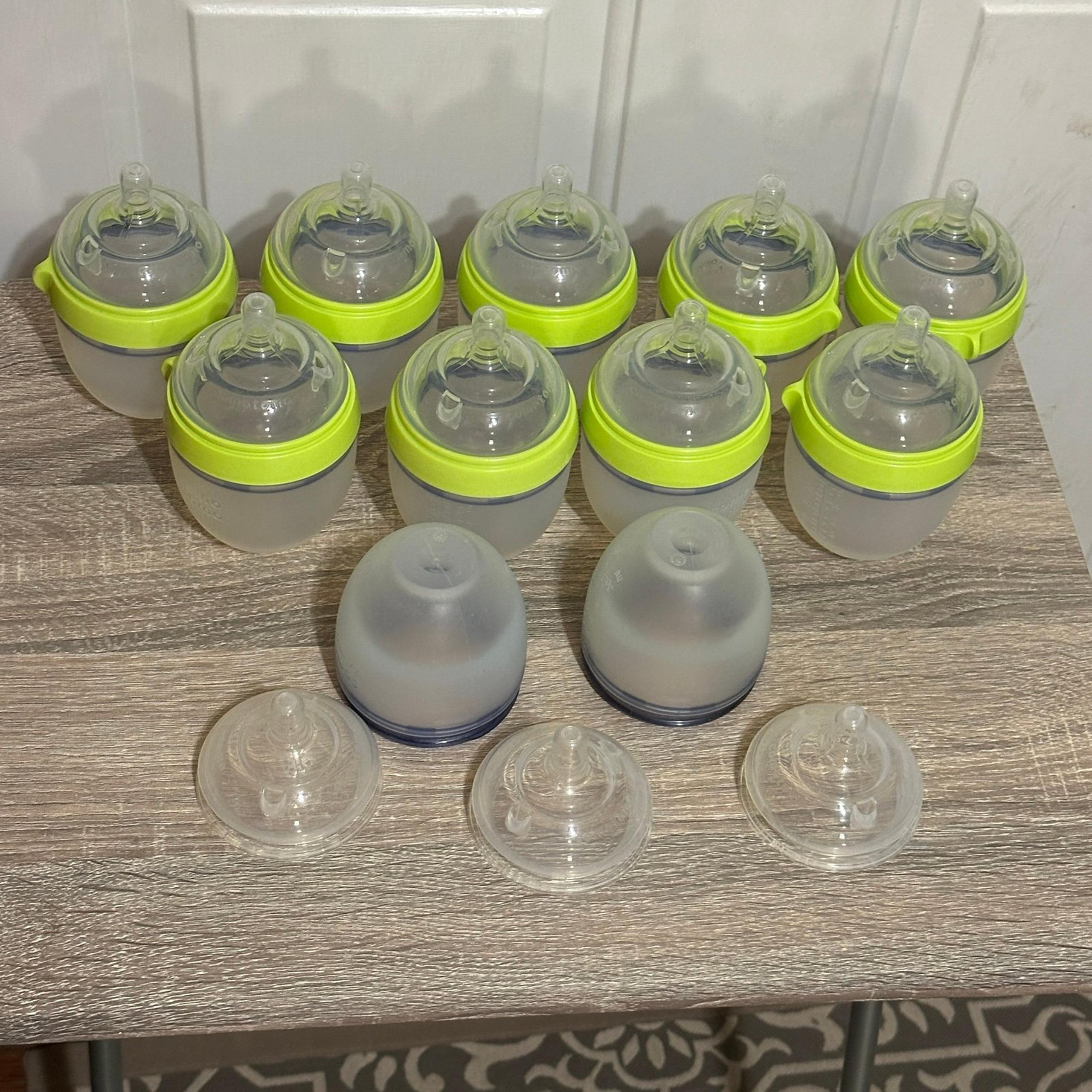 Comotomo 5oz Baby Bottles Green Lot Of 9, used 2 Extra Bottles, 3 Extra Nipples