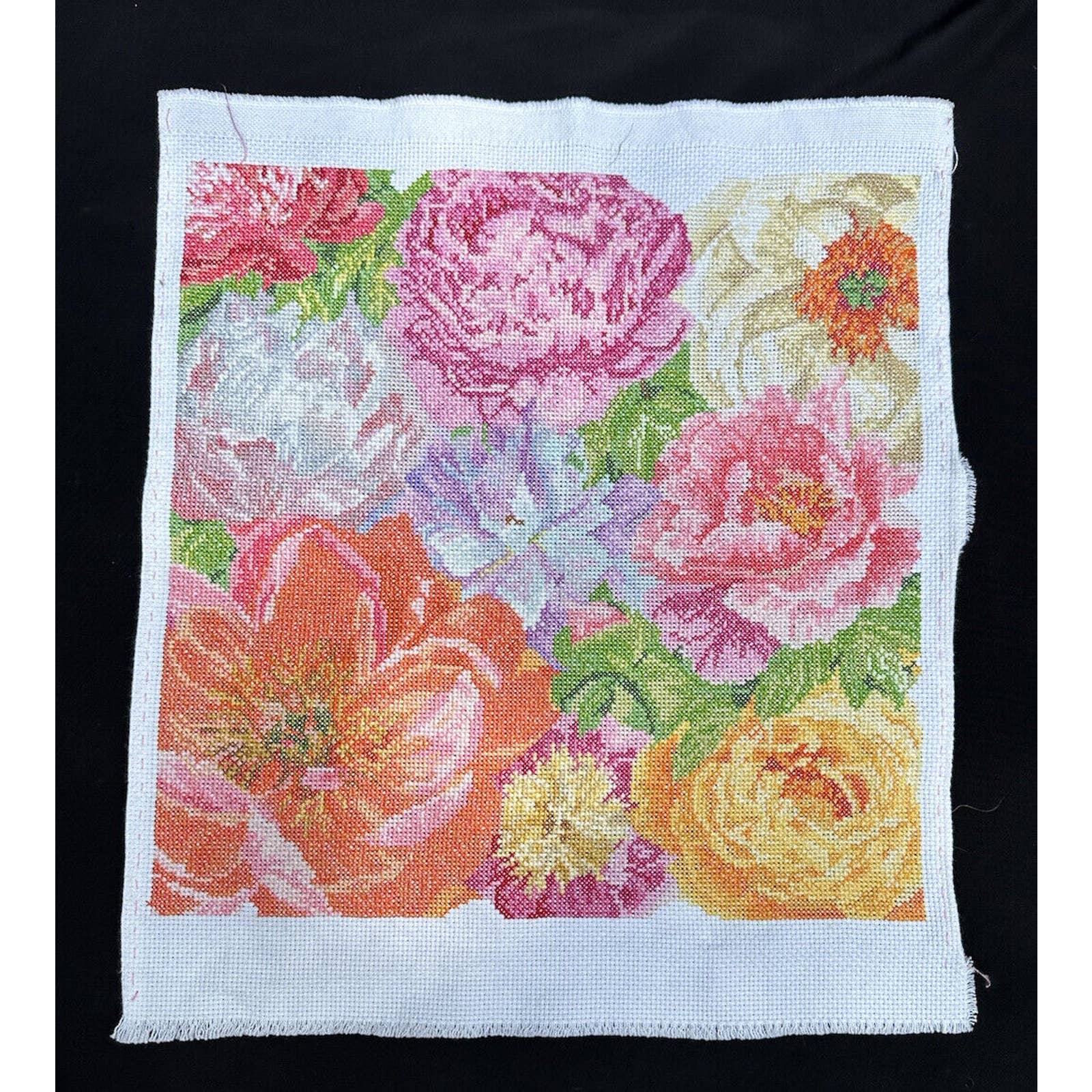 Stunning Vintage Cross Stitch 17x15” Floral Scene Amazing Quality Work! S36
