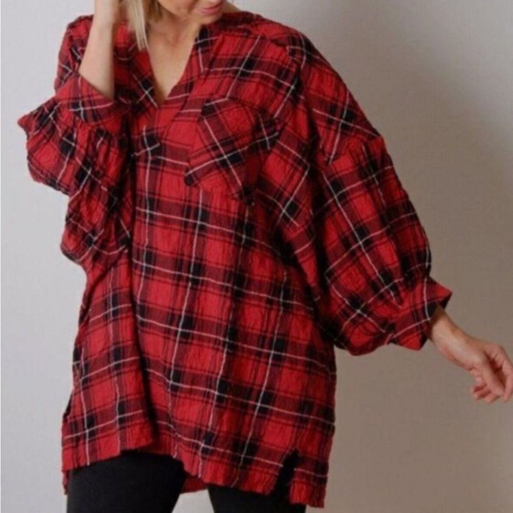 Free People Not Your Boyfriends Tunic Plaid Top Red Oversized Balloon Sleeve Xs