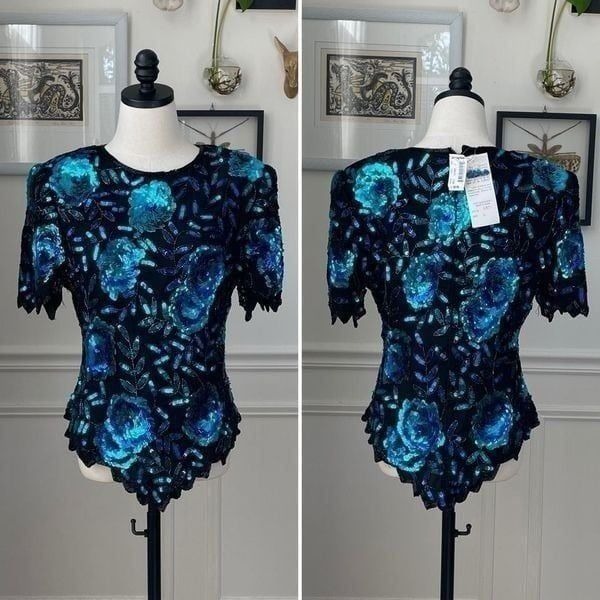NWT NOS Laurence Kazar Beaded Sequin Short Sleeve Silk Top Blue Black L