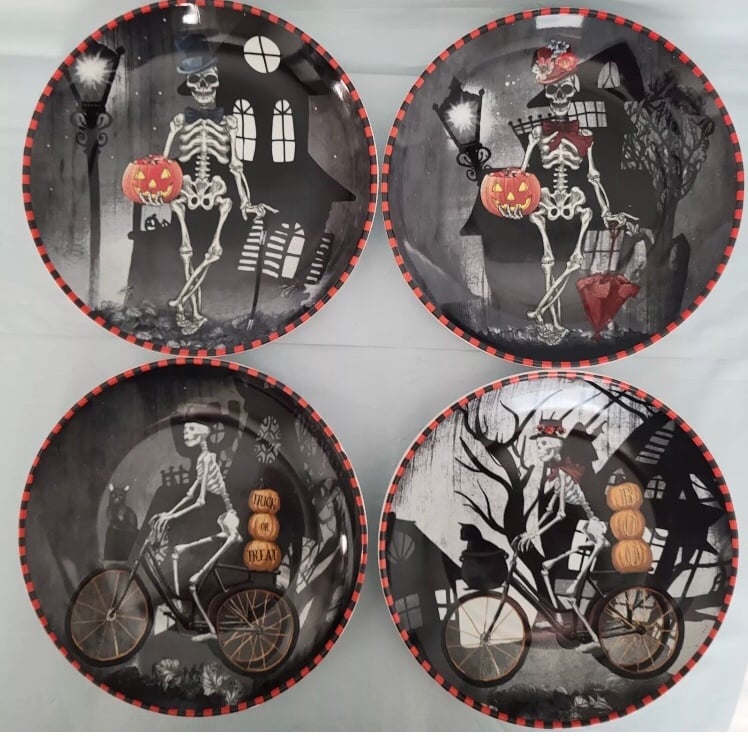 222 Fifth Halloween Skeleton 8 Salad Plates Set Bicycle & Dapper Lot Of 4 HTF