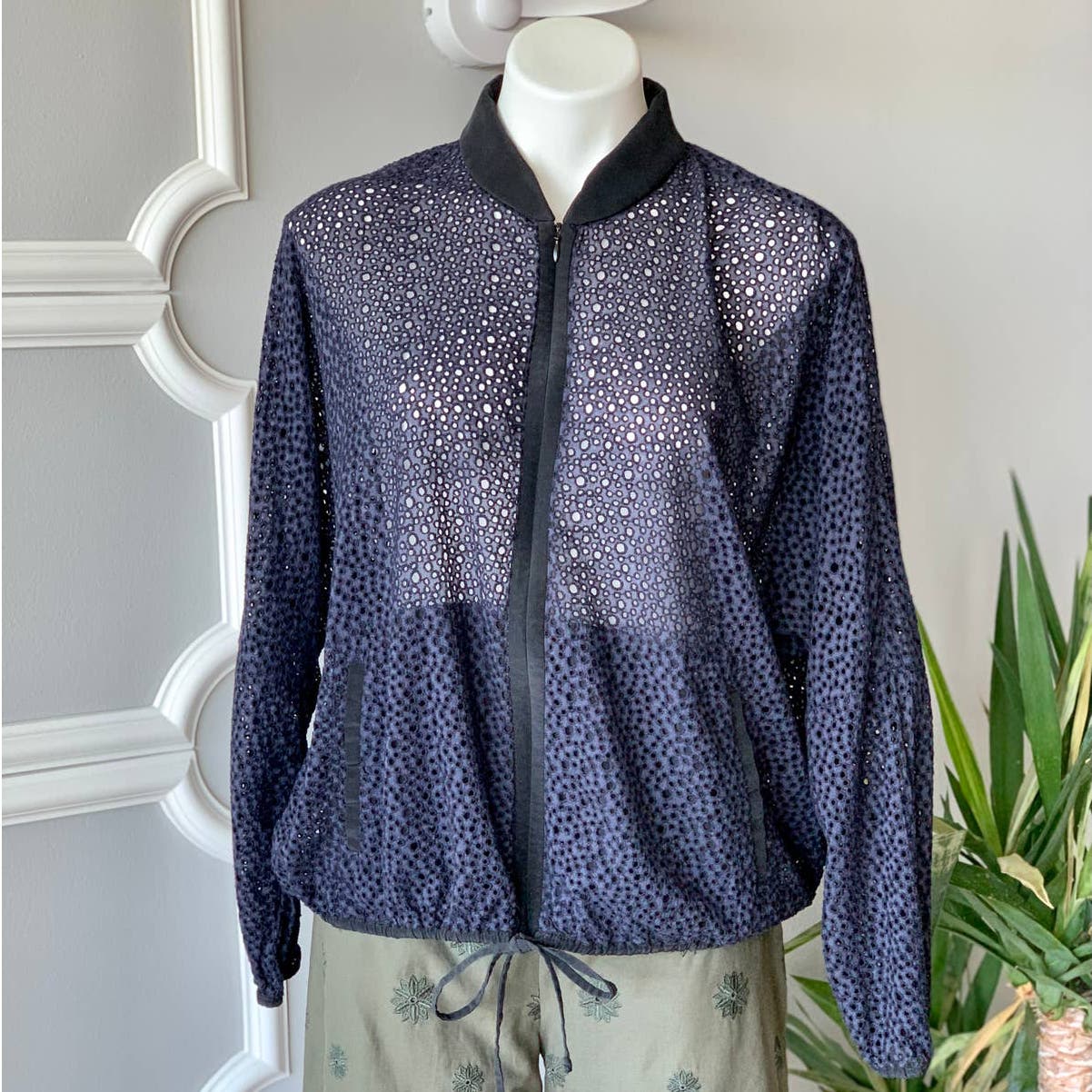 Tibi Cotton Lace Bomber Jacket in Navy Size Medium