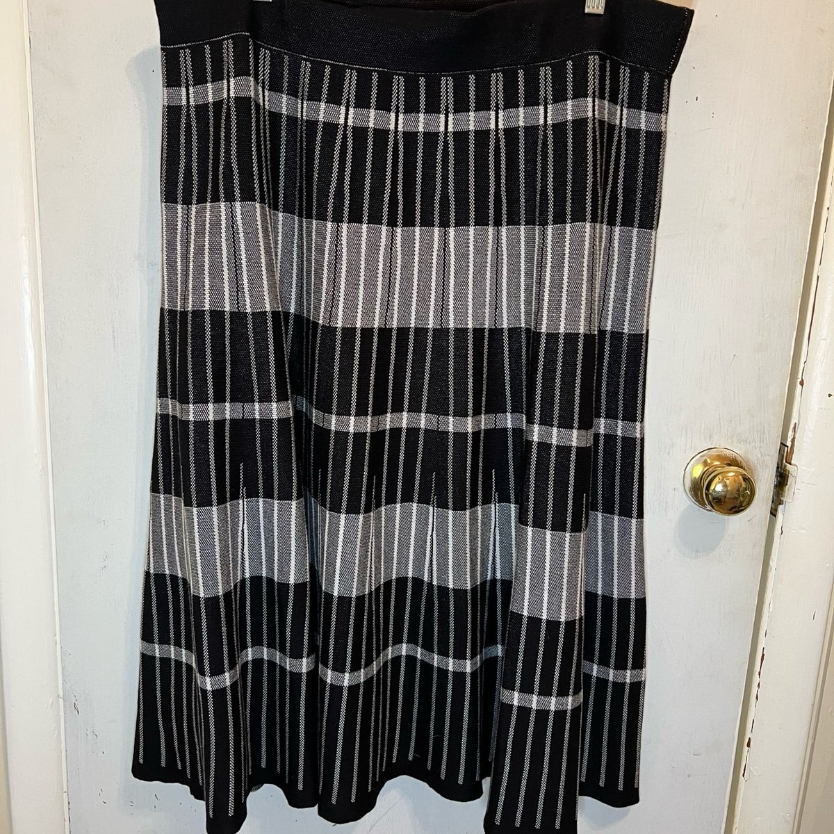 Plus Size Black White Striped Plaid Pleated Heavy Fall Midi Skirt Bottoms