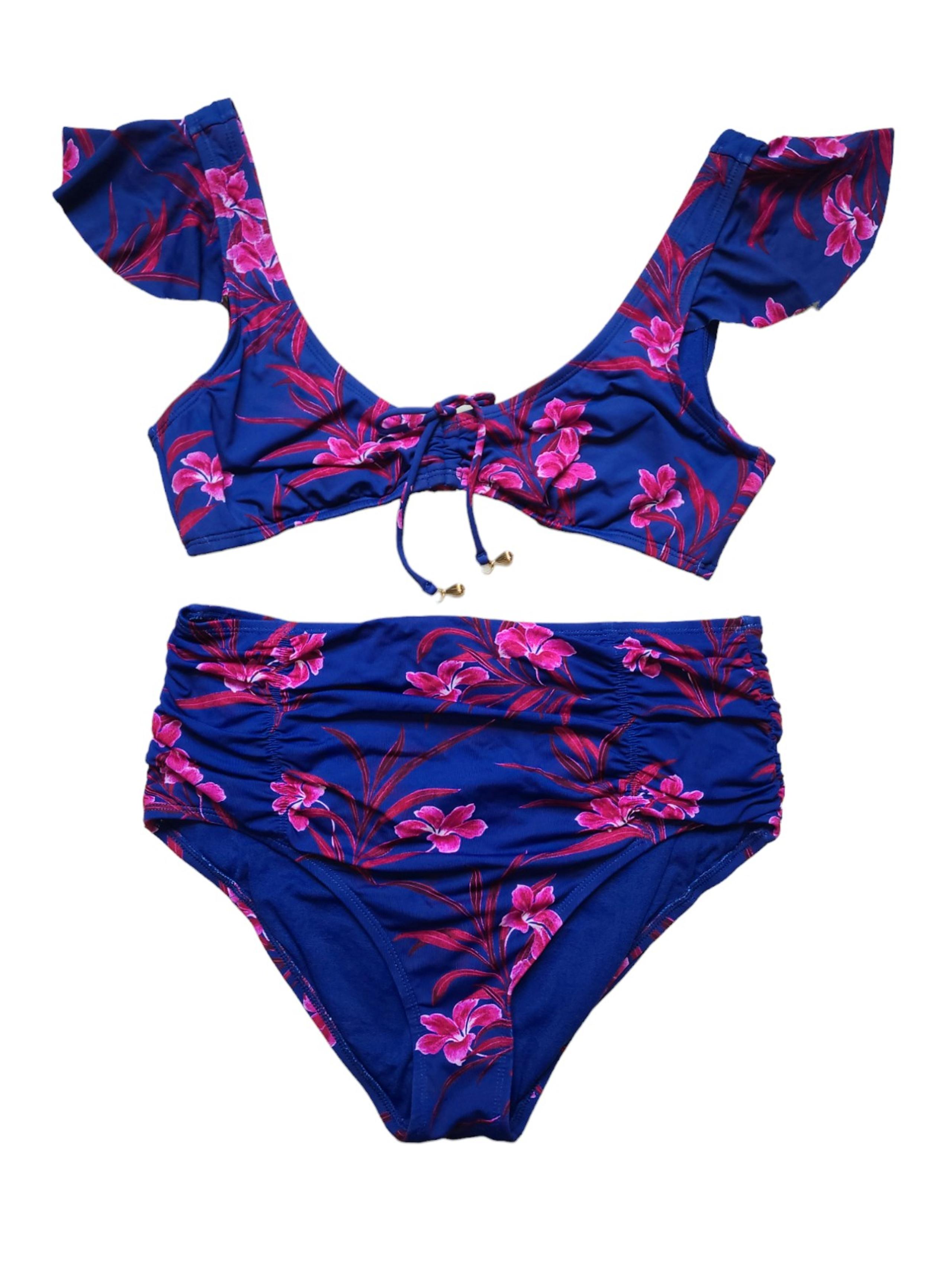 Tommy Bahama Oasis Blossoms Flutter Sleeve High Waist Tropical Swim Suit LARGE