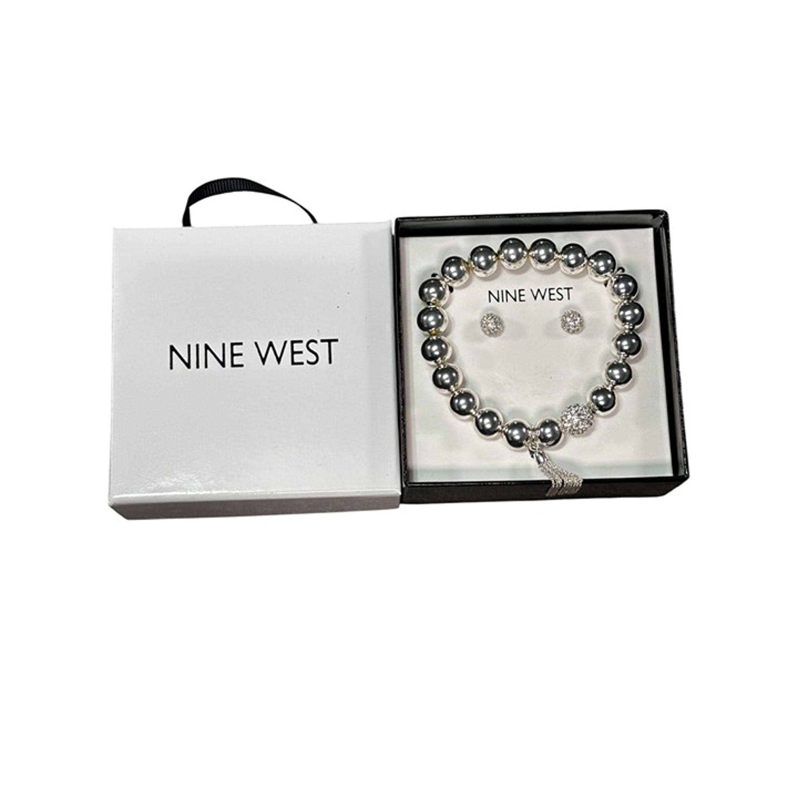 Nine West Silver-Tone Beaded Bracelet & Crystal Stud Earrings Gift Set