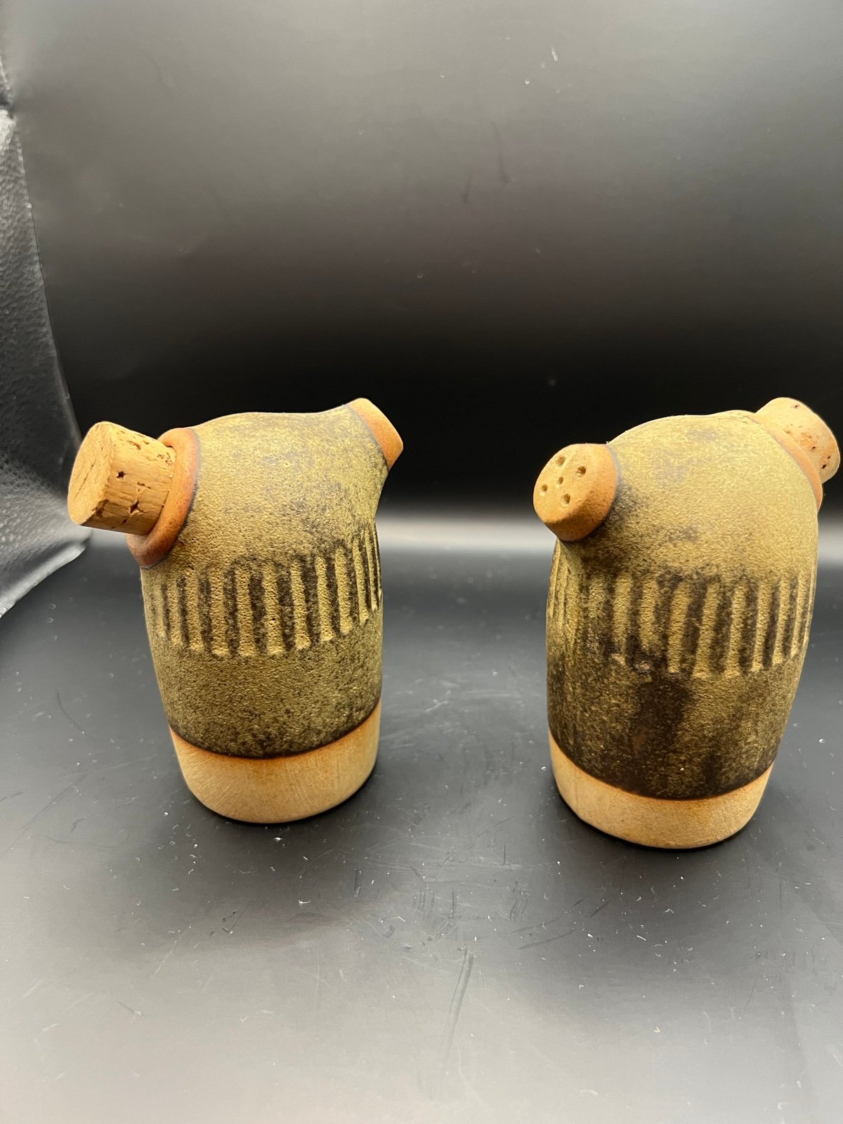 Tremar UK stoneware pottery salt pepper shakers cork sides green tan brown glaze
