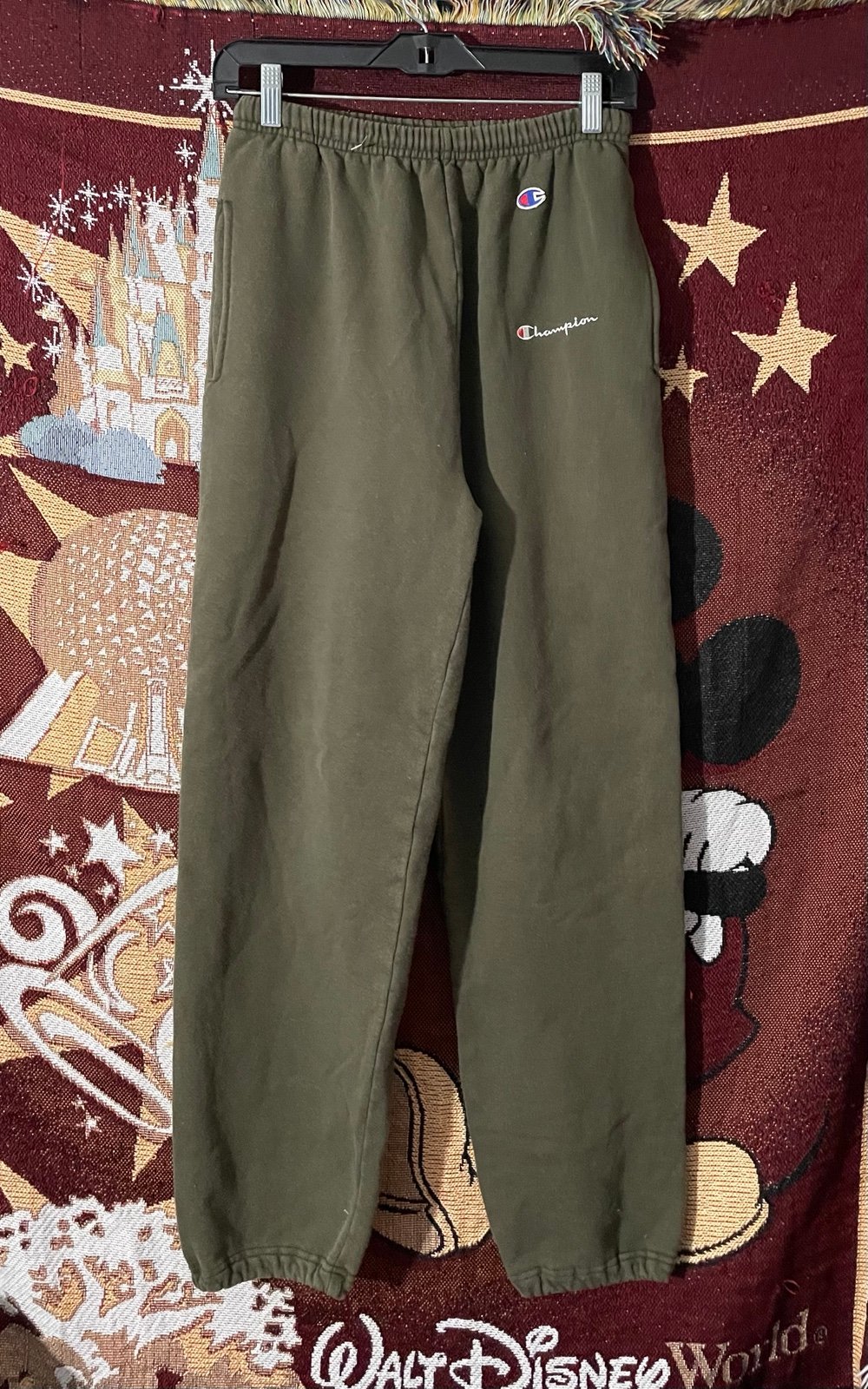Vintage 90s Champion Cursive Script Spellout Jogger Sweatpants Olive Green EUC
