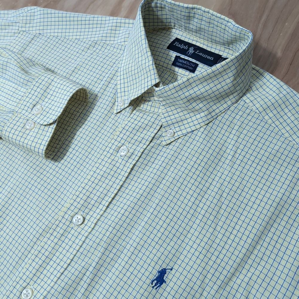 NEW Ralph Lauren Shirt Men 15 32/33 Yellow Blue Square Pattern L/S Yarmouth