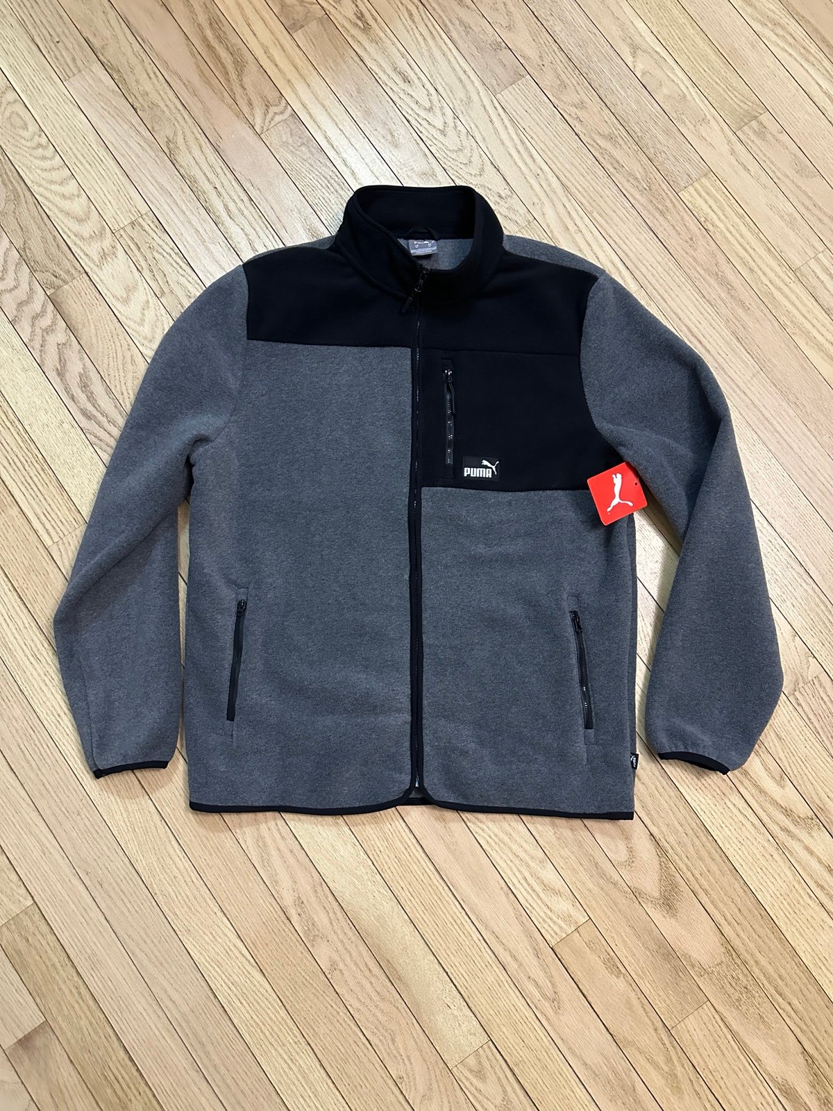 LARGE- Puma Mens Polar Fleece Colorblocked Full Zip Jacket Gray Black NEW