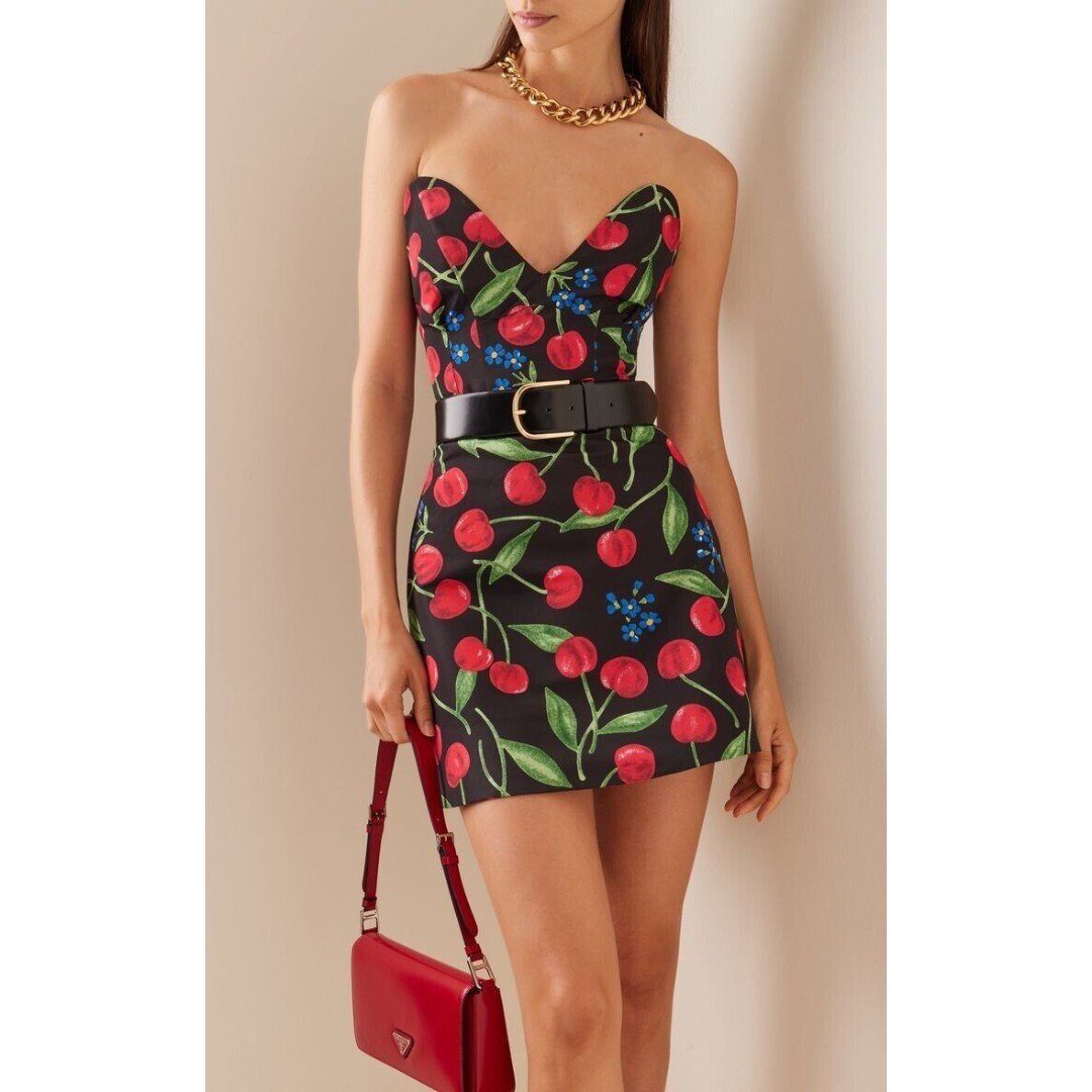 NWT. 1890 Carolina Herrera Cherry-Print Strapless Mini Dress