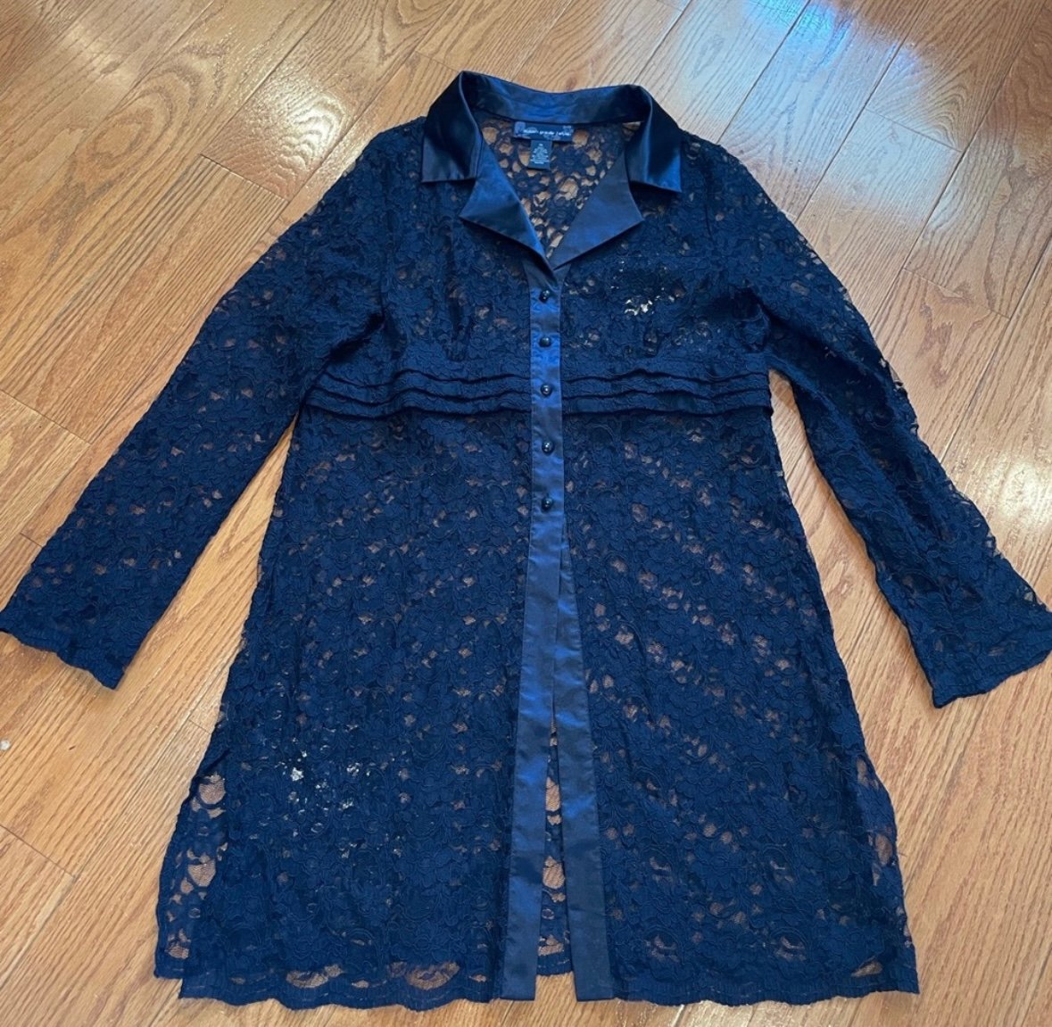 Susan Graver Women’s Sheer Navy Blue Lace Duster Jacket – Size XL