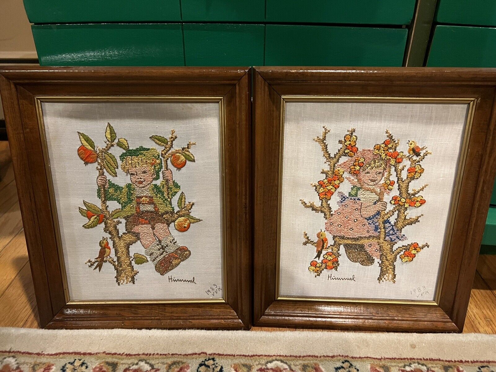Set of Finished Hummel Boy Girl Apple Tree Framed 1983 Crewel Cross-stitch Boho
