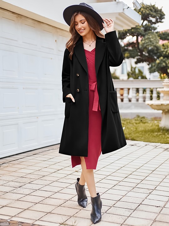 Beautiful Solid Double Breasted Lapel Neck Coat-8sz6