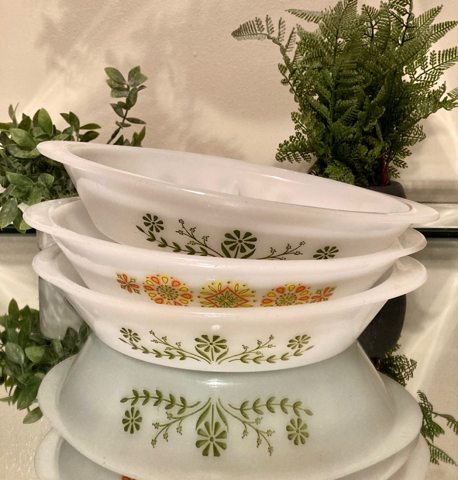 ~3 Vintage Glasbake Milk Glass Dishware~Daisy Design Bowls~