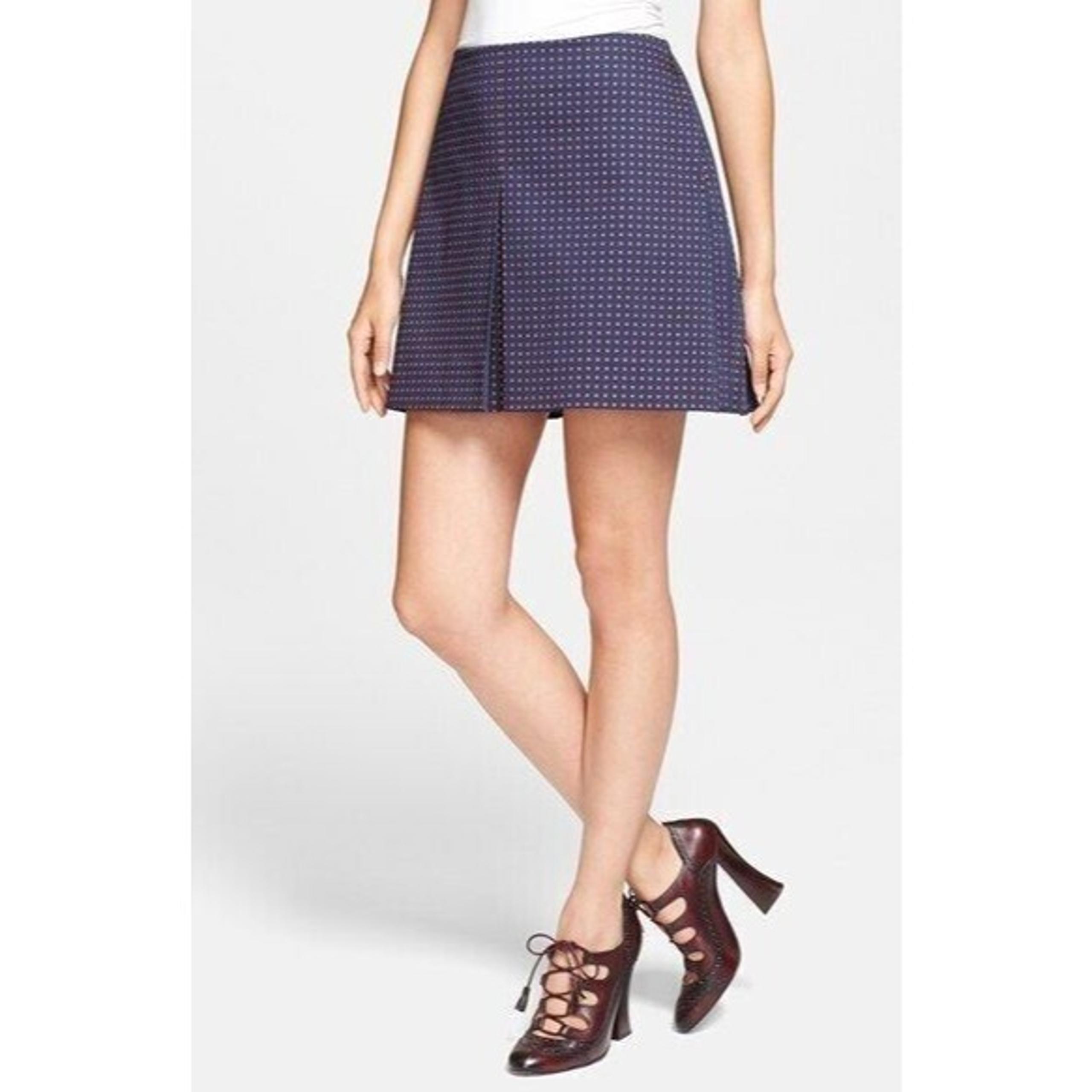 Tory Burch Klarissa Pleated Mini Skirt 14 Navy Blue Geometric Pattern Schoolgirl