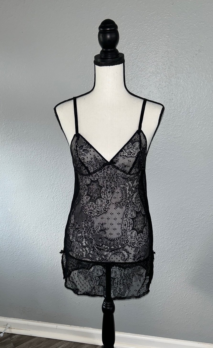 Victoria’s Secret Black Lace Sheer Lace Up Slip Dress Size Medium