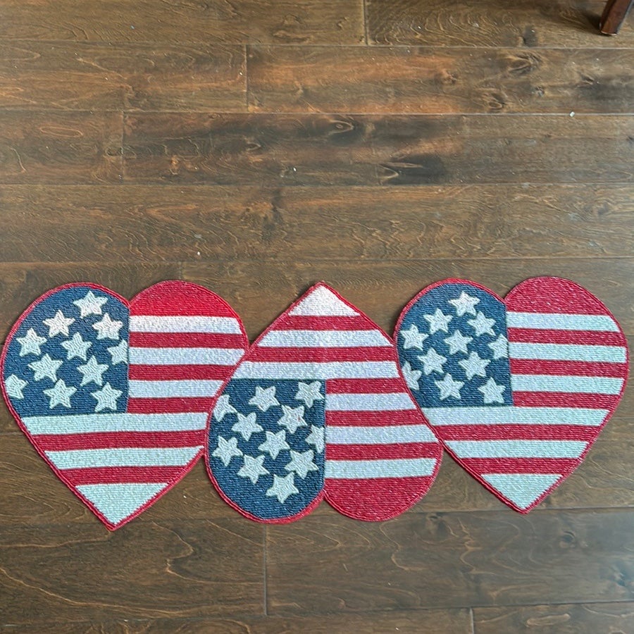 Americana Beaded Hearts Flag Stars Stripes Table Runner July 4th NWT. 13”x36”