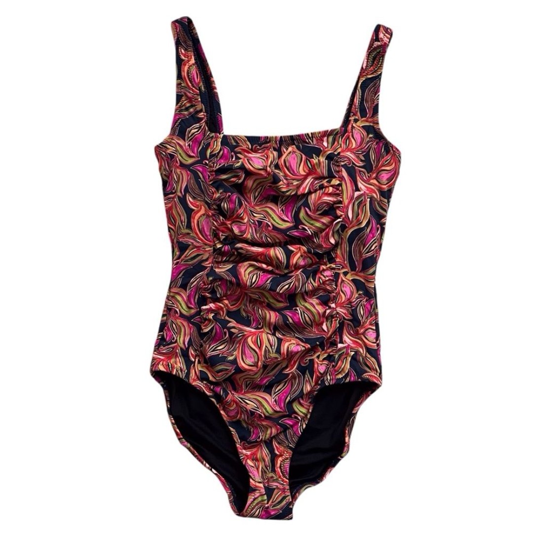 Garnet Hill One-Piece Swimsuit Active Square Neck Multi Feather Floral Size 4