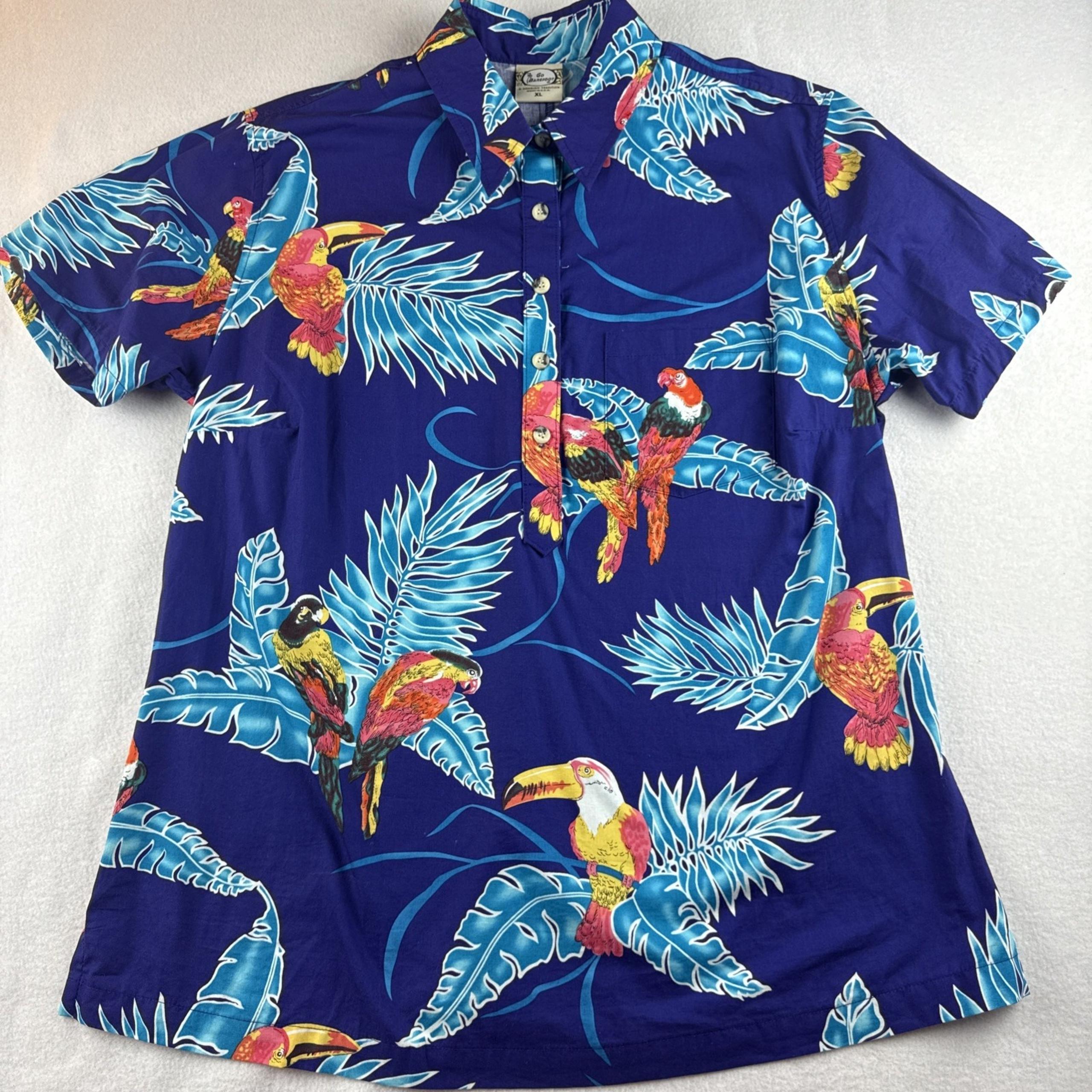 Go Barefoot Short Sleeve Hawaiian Purple Birds 1/4 Button Short Sleeve Shirt XL