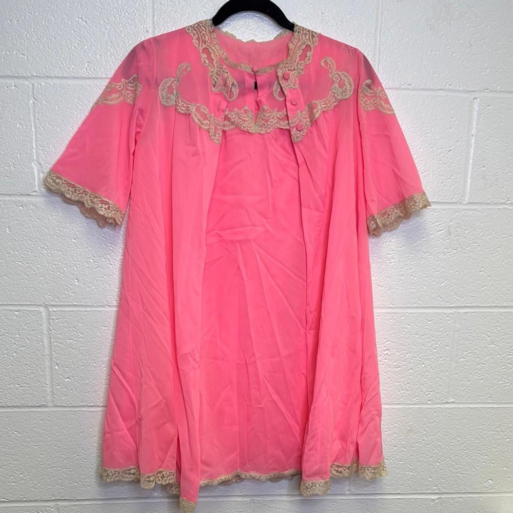 Pink and Tan Lace Trim Night Dress & Robe