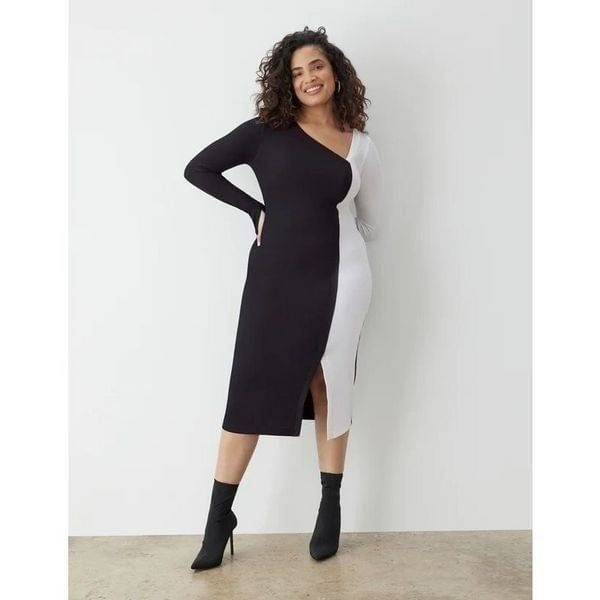 GSTQ NWT Rib-Knit white black Color block long sleeve midi Dress